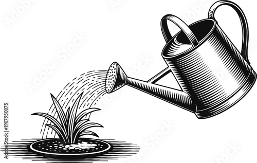 Watering can pouring water onto plant sprouts growing in soil illustration