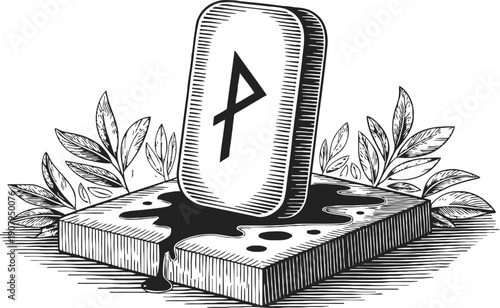 ancient rune stone standing on wooden block with mystical liquid and leaves in vintage engraving
