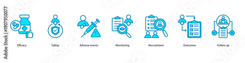 Clinical Trial Outcomes web banner featuring Efficacy, Safety, Adverse Events, Monitoring, Recruitment, Outcomes, and Follow Up.