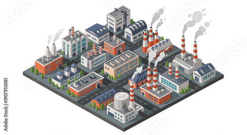 Isometric depiction of a modern industrial cityscape with numerous factories and smoking chimneys, representing urban development and manufacturing sectors