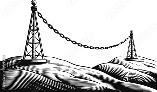 two black metal towers connected by a heavy chain over rolling hills in vintage woodcut