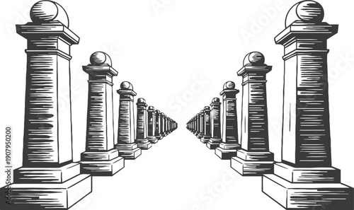 two rows of classical stone pillars in perspective, ancient columns lined up symmetrically