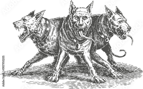 Cerberus mythological three headed dog guarding entrance with fierce expressions and collars