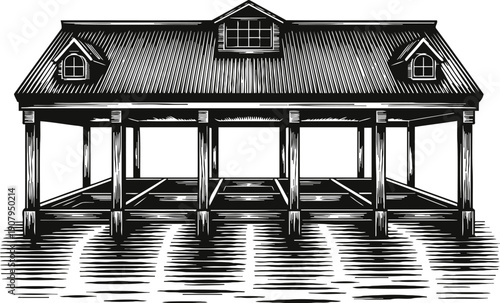 Wooden pier with roof and windows over water in vintage engraving