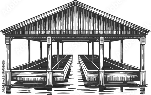 empty wooden boat dock with covered roof over calm water, lakeside marina structure