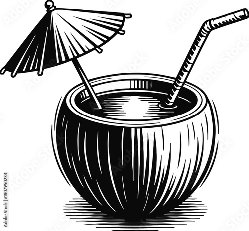 Coconut drink with straw and paper umbrella, tropical summer refreshment and exotic cold beverage