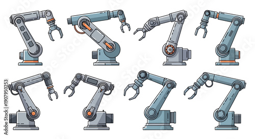 Collection of stylized industrial robotic arms with different poses and functions, representing automation and manufacturing