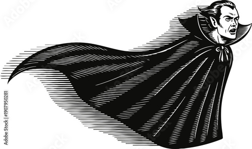 Vampire in flowing cape flying with fierce expression and vintage engraving