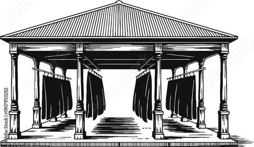 Traditional wooden drying shed with hanging textiles under a pitched roof, detailed black and white drawing