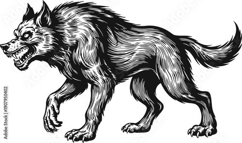 Fierce wolf snarling with sharp teeth, aggressive wild animal in detailed black and white illustration
