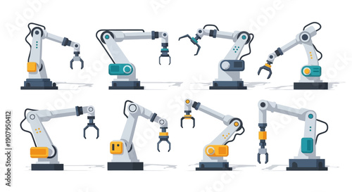 Collection of diverse industrial robotic arms used in automated manufacturing processes