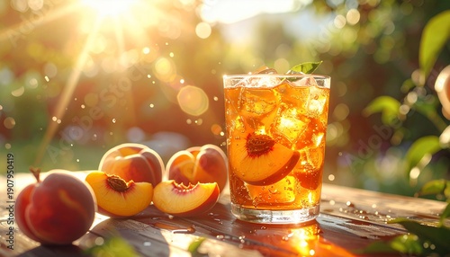 Refreshing Peach Iced Tea Drink in Summer Sunlight