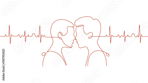 A minimalist continuous line drawing shows two male profiles facing each other with an electrocardiogram.