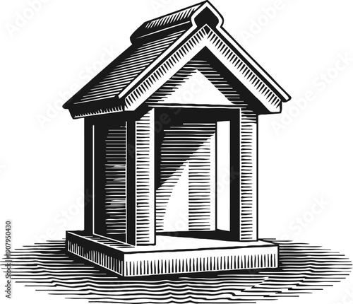 Classic architectural gazebo with pitched roof and open sides in black and white vintage