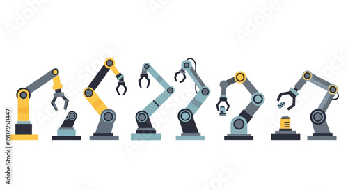 Collection of robotic arms in various designs and positions representing automation and industry