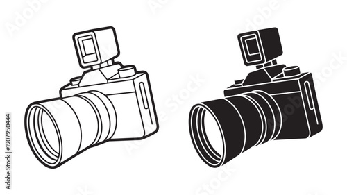 Digital SLR camera icon with a long lens and flash, presented in outline and solid styles.