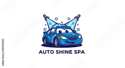 Cute Blue Car Character at Auto Shine Spa.