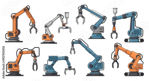 Collection of industrial robot arms in various designs, showcasing automation technology in manufacturing and assembly processes
