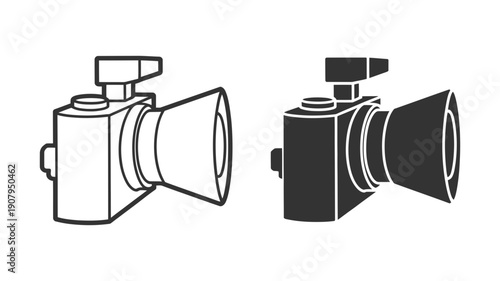 Digital SLR camera icon with a wide-angle lens and flash, presented in outline and solid styles.