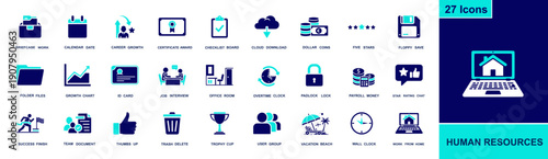 Human resources icon set. Containing recruitment, interview, ID card, payroll, career growth, rating, overtime clock, office, work from home, files and more. Solid fill icons collection
