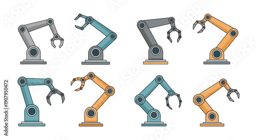 Set of Industrial Robotic Arms in Various Colors and Poses, Representing Automation and Manufacturing Processes
