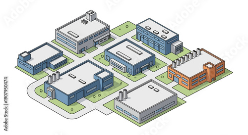 Isometric view of a modern industrial complex featuring multiple factory buildings and surrounding green spaces, representing manufacturing and production facilities