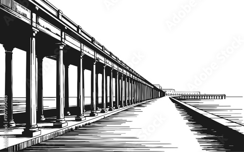 Long pier with tall columns extending over water, perspective view of wooden boardwalk and seaside structure