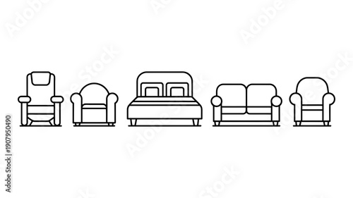 A clean line art vector illustration displaying a diverse collection of essential living room and bedroom furniture pieces.