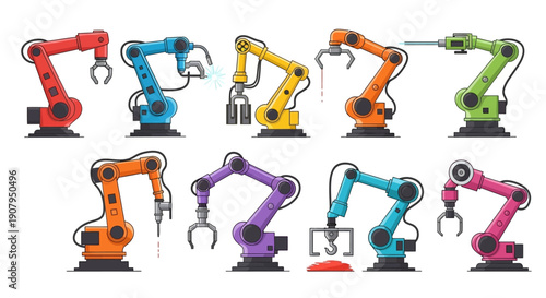 Industrial robotic arms in various colors and designs for automation and manufacturing processes