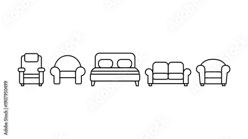 A simple line art vector illustration showcasing a variety of household furniture pieces for modern home interior design.