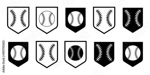 A collection of ten distinct baseball-themed pennant icons, showcasing full balls and stitch patterns.