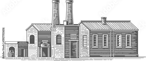 vintage industrial factory building with tall chimneys and detailed architectural features