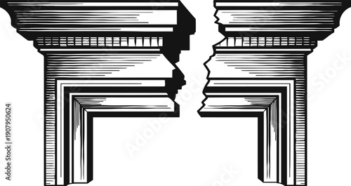 broken classical column capital, architectural fragment with cracks and damage antique traditional stone element, vintage ruin detail