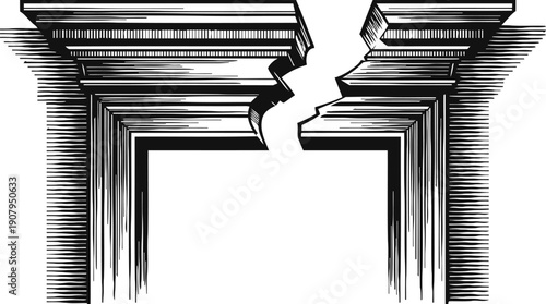 Broken classical column design vintage architectural crack drawing in black and white