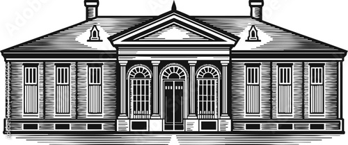 Classic colonial mansion front view with symmetrical windows and centered entrance portico