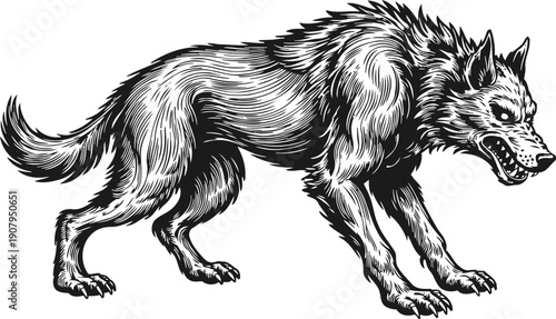 Aggressive snarling wolf illustration with fur detail, sharp teeth and intense gaze in black and white