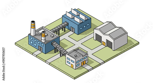 Isometric illustration of a small industrial park with factories and warehouses, representing production and manufacturing processes