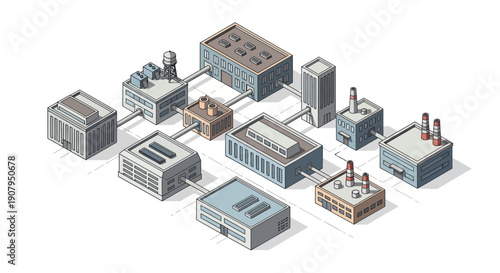 Industrial complex illustration featuring interconnected factory buildings and structures in an isometric perspective, symbolizing production and manufacturing
