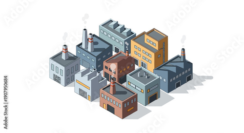 Isometric industrial complex with multiple factories and chimneys emitting smoke
