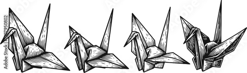 origami cranes set hand drawn paper birds in various poses, traditional japanese art, decorative folded figures
