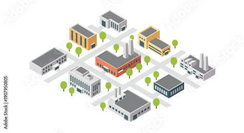 Urban development and industrial cityscape with buildings and trees