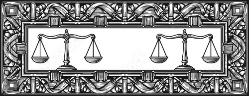 decorative black and white frame with two vintage balance scales, detailed ornamental border illustration