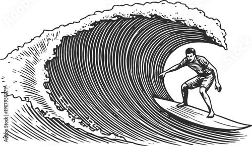 Surfer riding a large ocean wave, extreme water sport and surfing adventure illustration