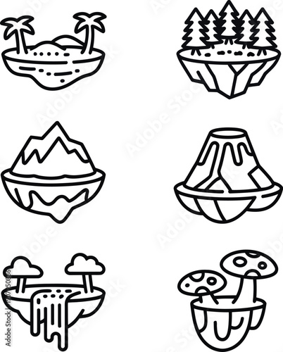 Floating islands with various landscapes palm trees icons set eps-10