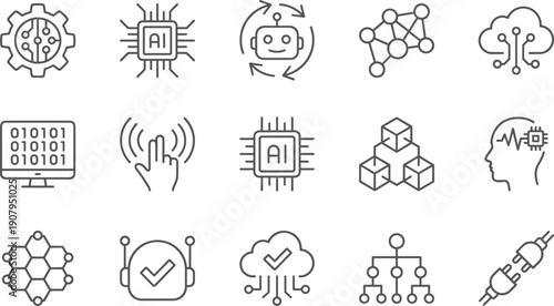 Artificial intelligence and data science line icons set, robot, machine learning, cloud network, binary code, vector automation symbols