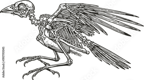 Detailed illustration of a bird skeleton with wings spread wide and sharp claws visible