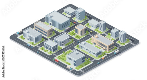 Isometric view of a city block featuring various buildings, roads, and vehicles, depicting urban development and infrastructure
