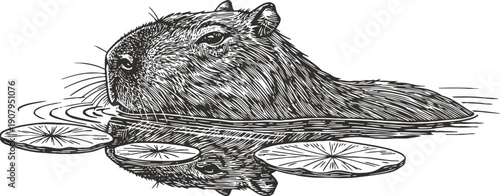 Capybara partially submerged in water with floating lily pads, peaceful aquatic animal portrait