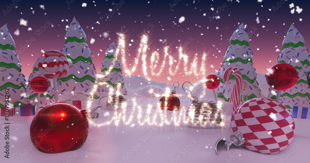 Naklejka premium Image of Merry Christmas written in shiny letter on snowy landscape with Christmas balls