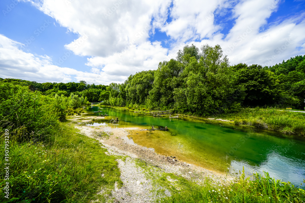Fototapeta premium View of nature at Padersee. Landscape by the lake near Paderborn. 